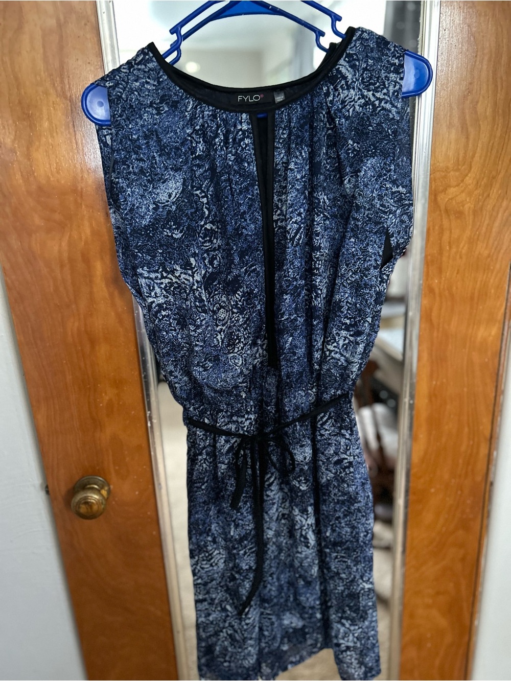 FYLO Navy and White Floral Sleeveless Dress with Tie Belt